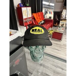 Vintage 90s Real Skateboards Yellow Oval logo Black Trucker Snapback Hat USA